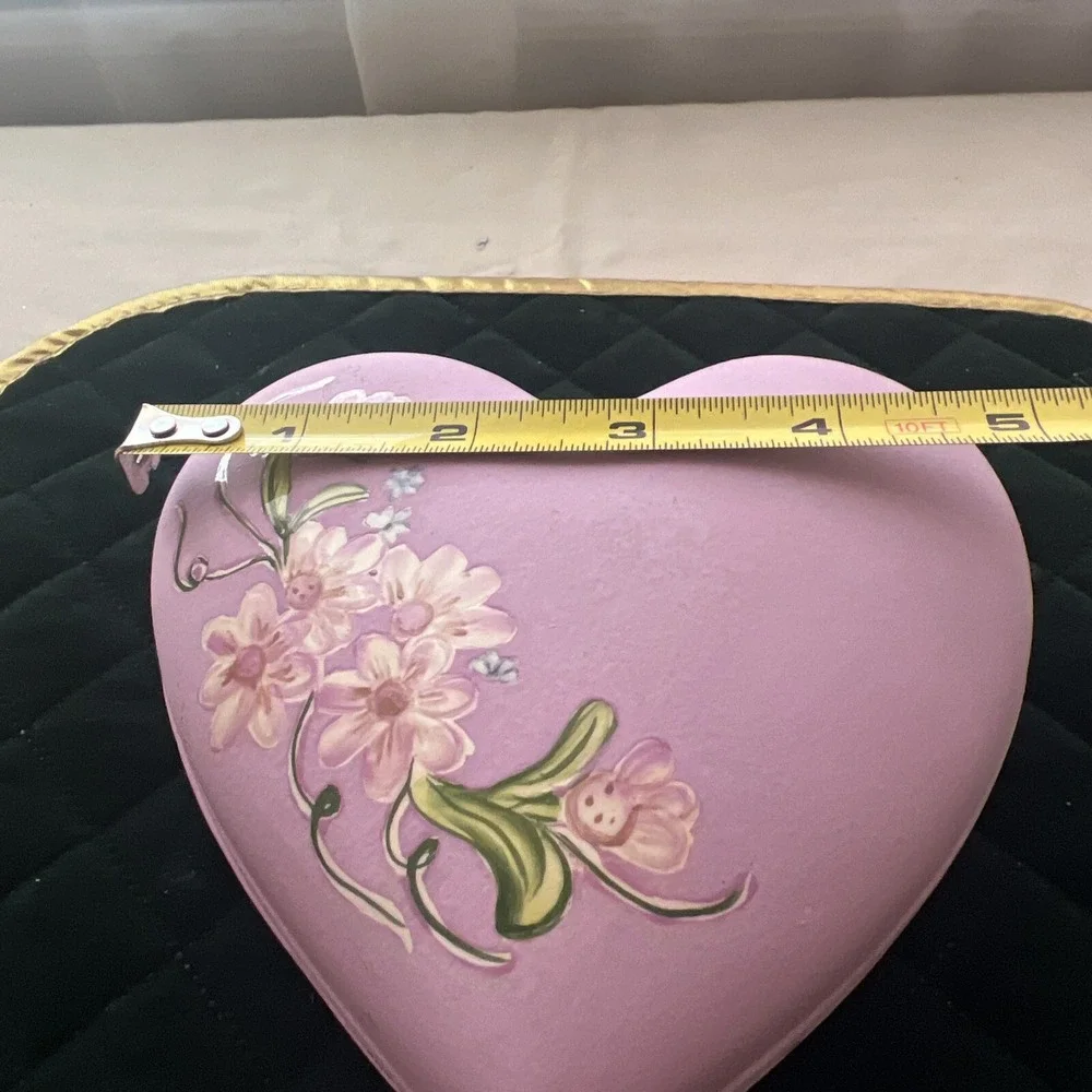 Vintage Signed Juanita  Ceramics Heart Floral Jewelry Trinket Box  Pink  Purple